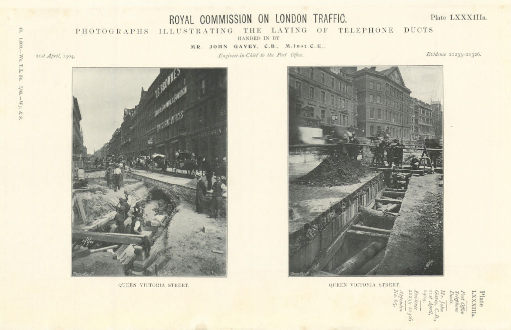 Royal Commission. Laying telephone ducts in Queen Victoria Street 1906 print